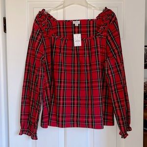 NWT J. Crew red plaid square neck ruffle tartan top
